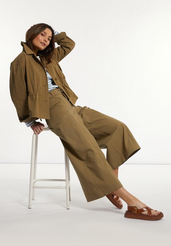 river woods Katoenen broek wijde pijpen met riem kaki