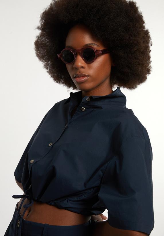 River Woods Katoenen Cropped Blouse Korte Mouwen Navy