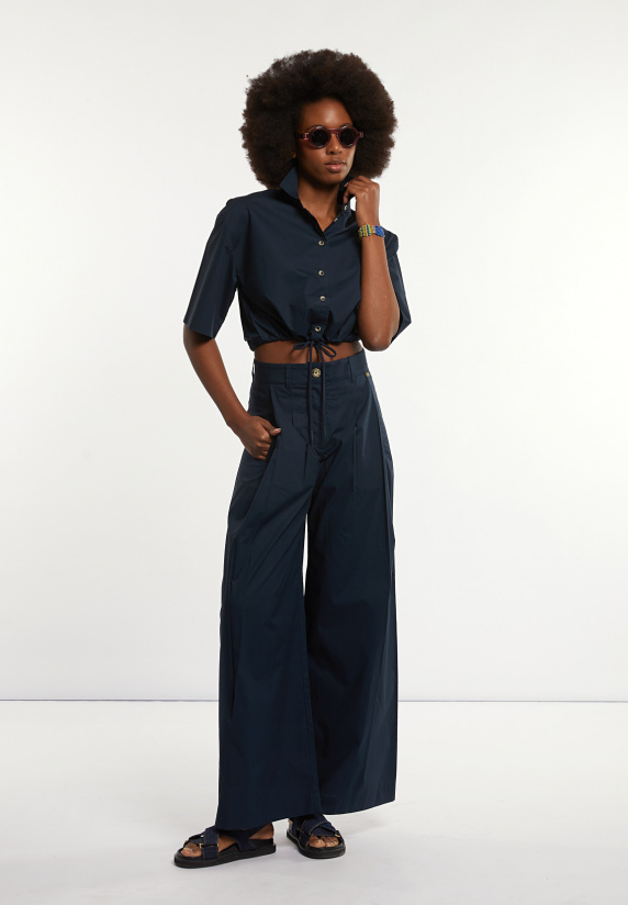 River Woods Katoenen Cropped Blouse Korte Mouwen Navy