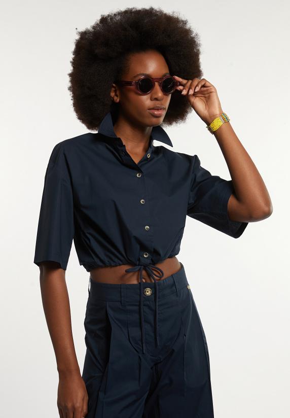 river woods Katoenen cropped blouse korte mouwen navy