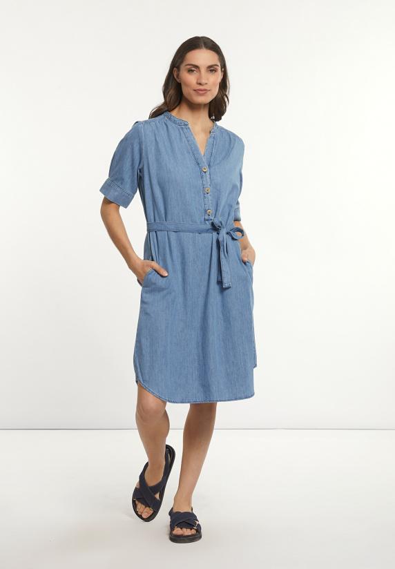 river woods Katoenen denim V-hals jurk elleboogmouwen blauw