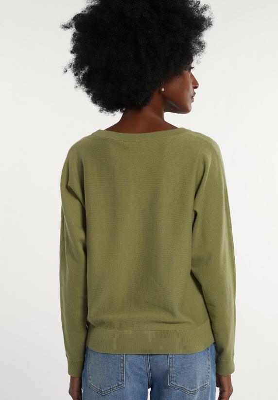 River Woods Katoenen Effen Trui Ronde Hals Lange Mouwen Olijfgroen