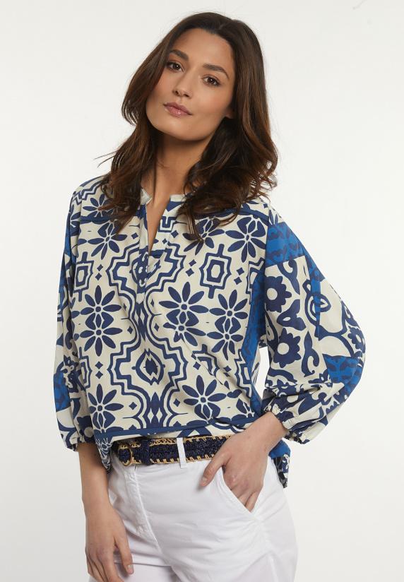 river woods Katoenen fantasie V-hals blouse 3/4 mouwen écru/blauw