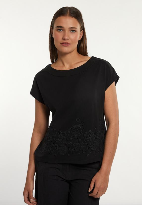 river woods Katoenen geborduurde T-shirt boothals zwart