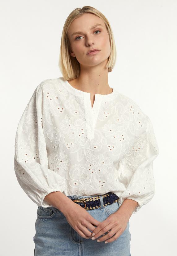 river woods Katoenen geborduurde V-hals blouse écru