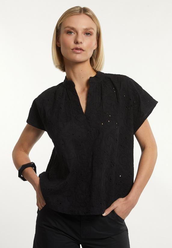 river woods Katoenen geborduurde V-hals blouse korte mouwen zwart