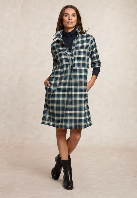 River Woods Katoenen Geruite Jurk 3/4 Mouwen Opgestikte Zak Kaki/wit