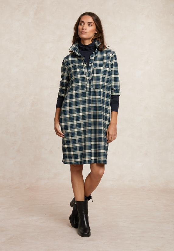 river woods Katoenen geruite jurk 3/4 mouwen opgestikte zak kaki/wit