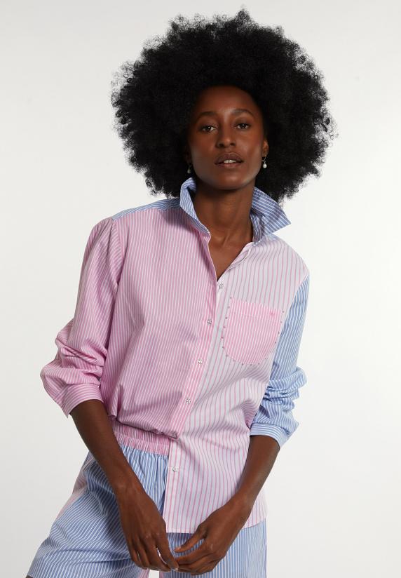 River Woods Katoenen Gestreepte Blouse Borstzak Blauw/roze