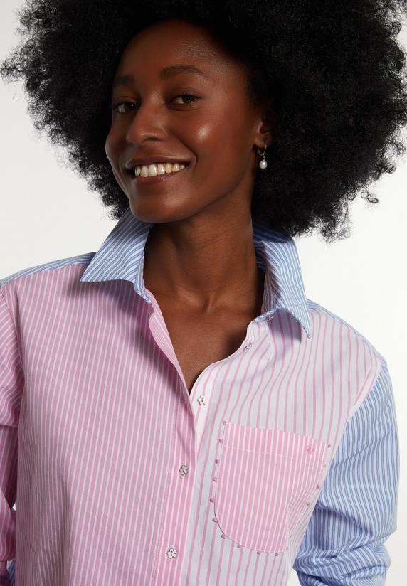 River Woods Katoenen Gestreepte Blouse Borstzak Blauw/roze