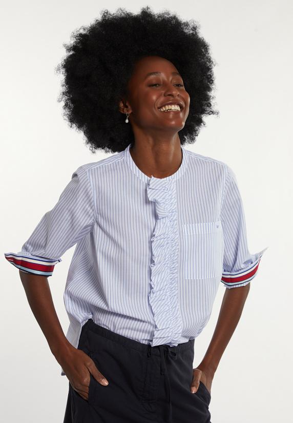 river woods Katoenen gestreepte blouse met ruches blauw/wit