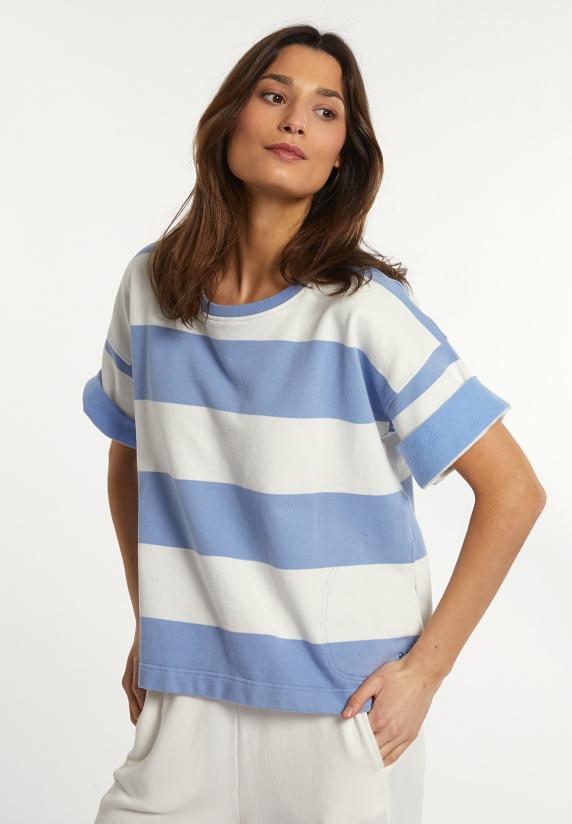 river woods Katoenen gestreepte fleecetrui ronde hals 1/2 mouw blauw/off white