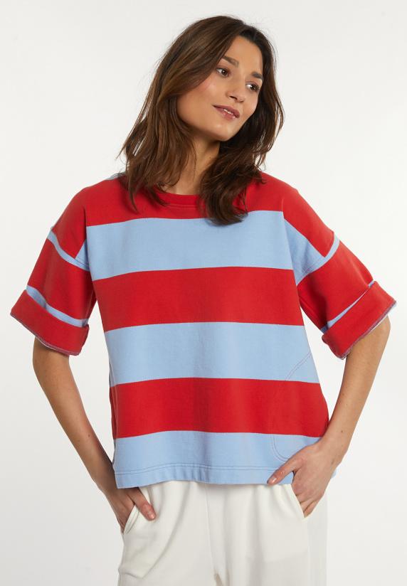 river woods Katoenen gestreepte fleecetrui ronde hals 1/2 mouw rood/blauw