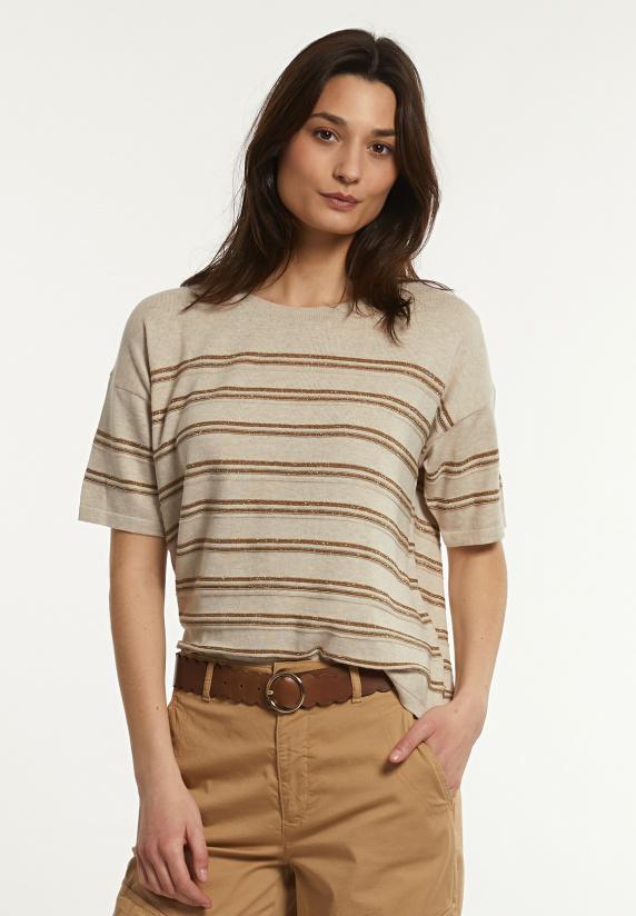 river woods Katoenen gestreepte glittertrui korte mouwen beige