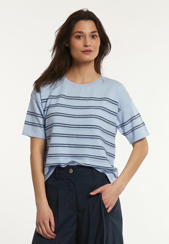 river woods Katoenen gestreepte glittertrui korte mouwen blauw