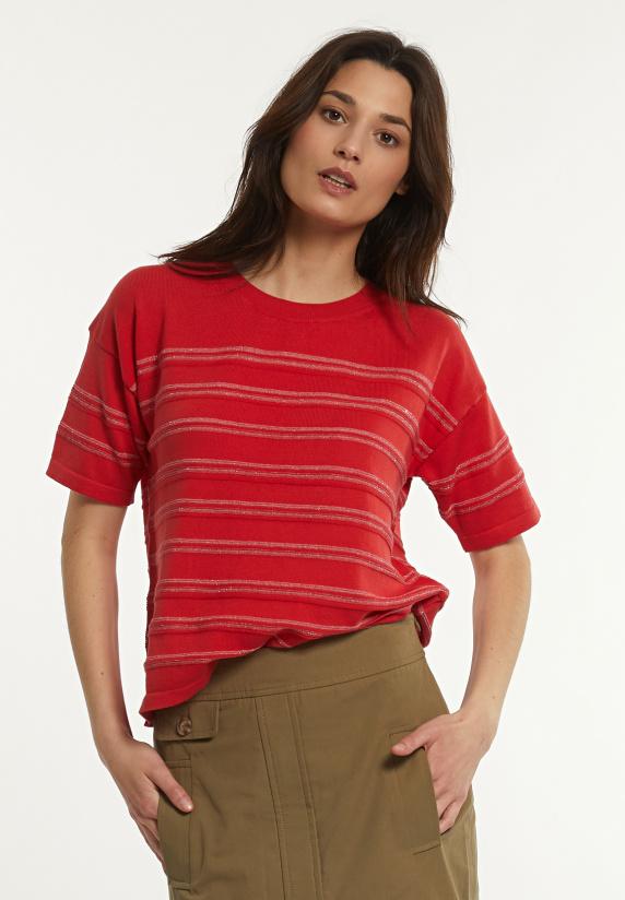 river woods Katoenen gestreepte glittertrui korte mouwen rood