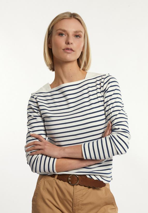 river woods Katoenen gestreepte T-shirt boothals écru-blauw