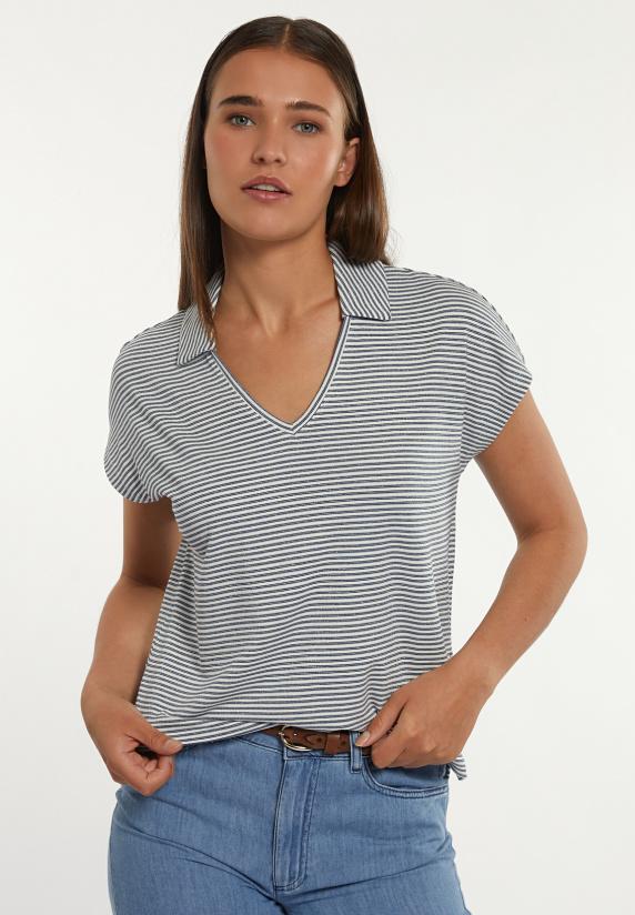 river woods Katoenen gestreepte T-shirt polokraag blauw/wit