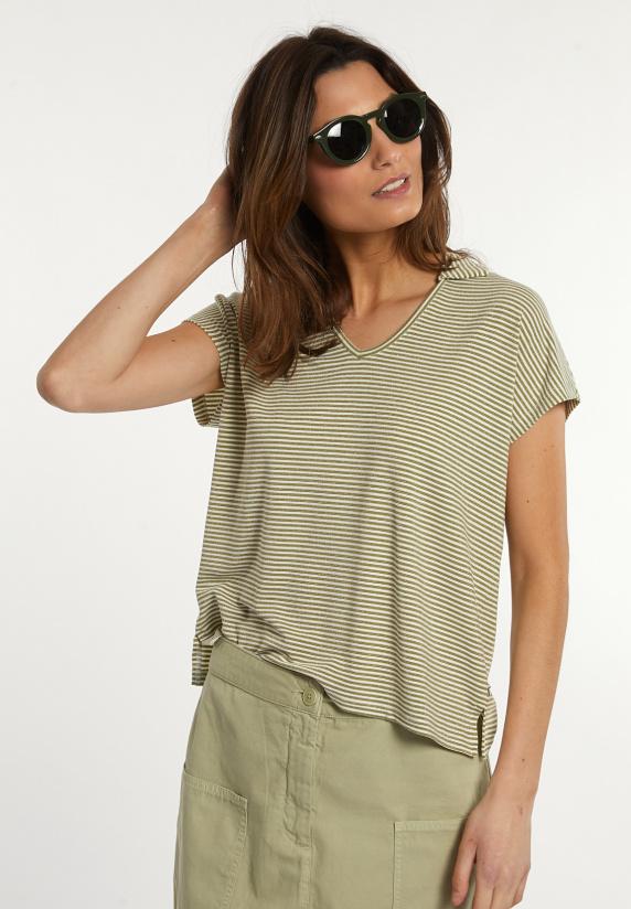 river woods Katoenen gestreepte T-shirt polokraag groen/wit