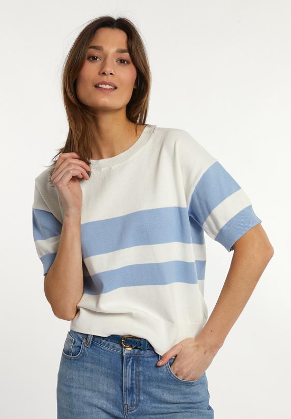 river woods Katoenen gestreepte trui korte mouwen écru/blauw