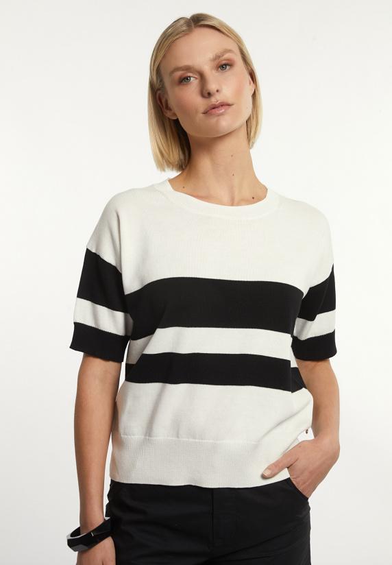 river woods Katoenen gestreepte trui korte mouwen écru/zwart