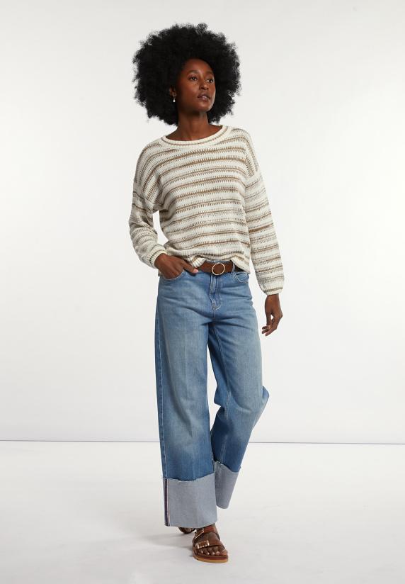 River Woods Katoenen Gestreepte Trui Ronde Hals Beige/wit