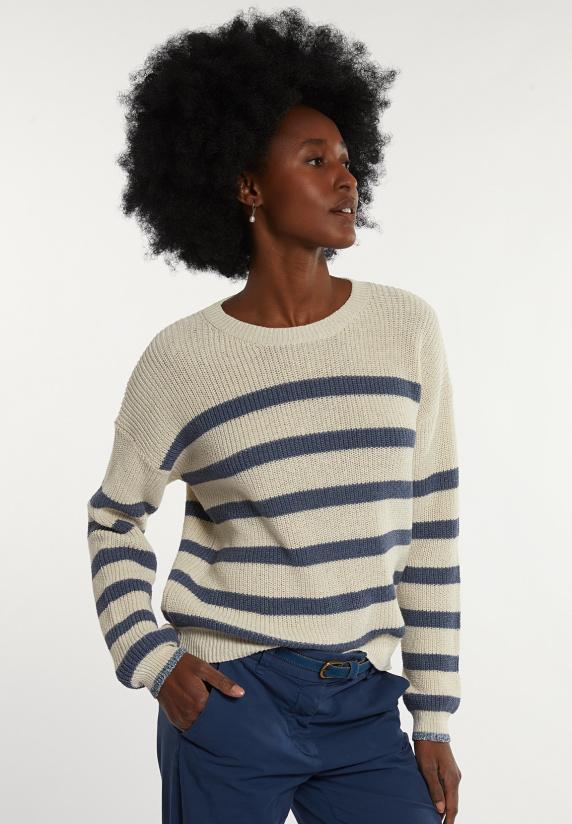river woods Katoenen gestreepte trui ronde hals écru/blauw