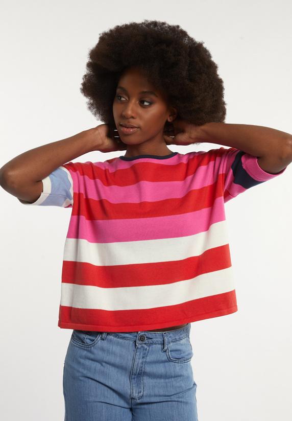 river woods Katoenen gestreepte trui ronde hals korte mouwen multi