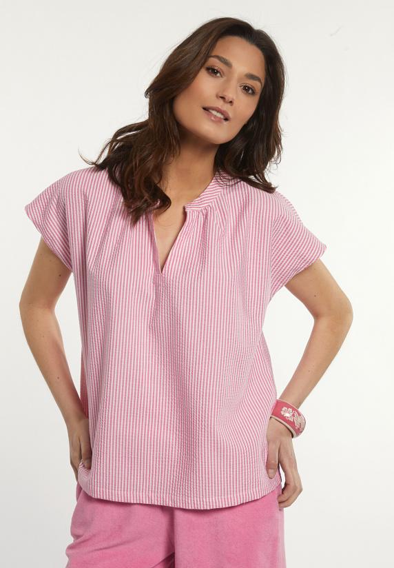 river woods Katoenen gestreepte V-hals blouse roze/wit