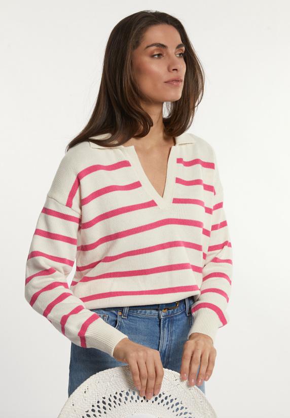 river woods Katoenen gestreepte V-hals trui lange mouwen roze/wit