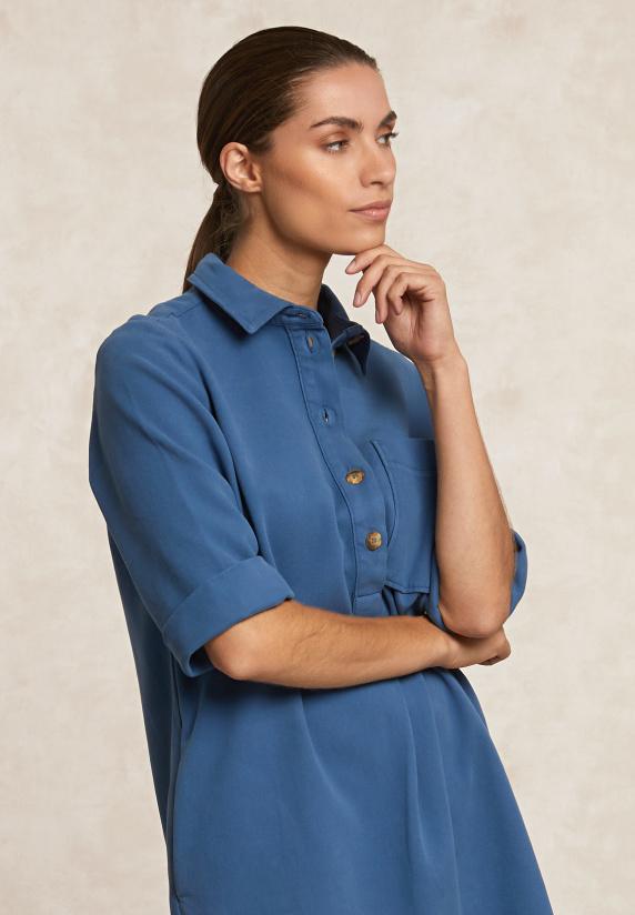 River Woods Katoenen Jurk 3/4 Mouwen Opgestikte Zak Blauw