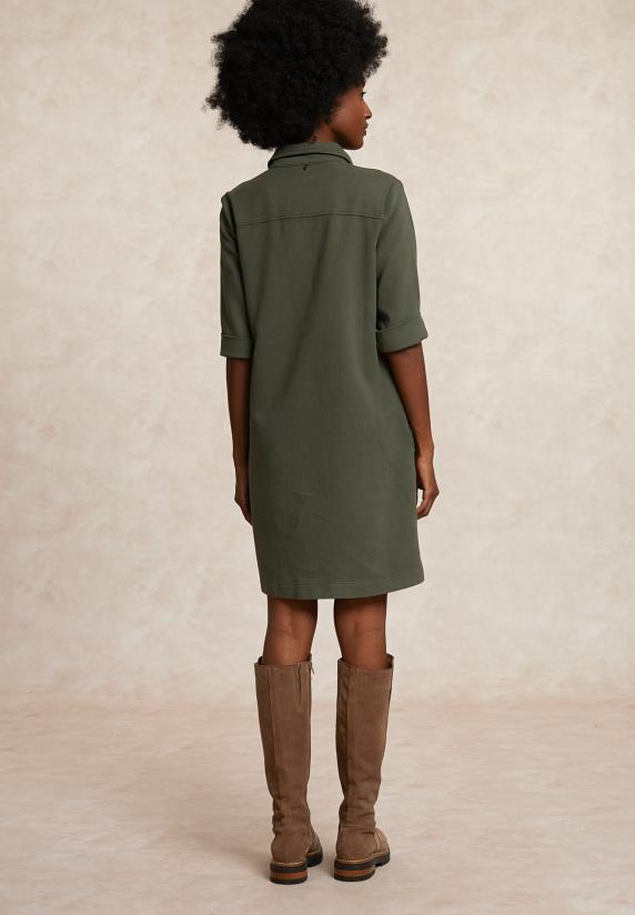 River Woods Katoenen Jurk 3/4 Mouwen Opgestikte Zak Kaki