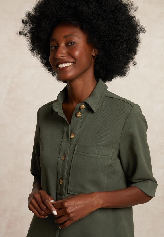 River Woods Katoenen Jurk 3/4 Mouwen Opgestikte Zak Kaki