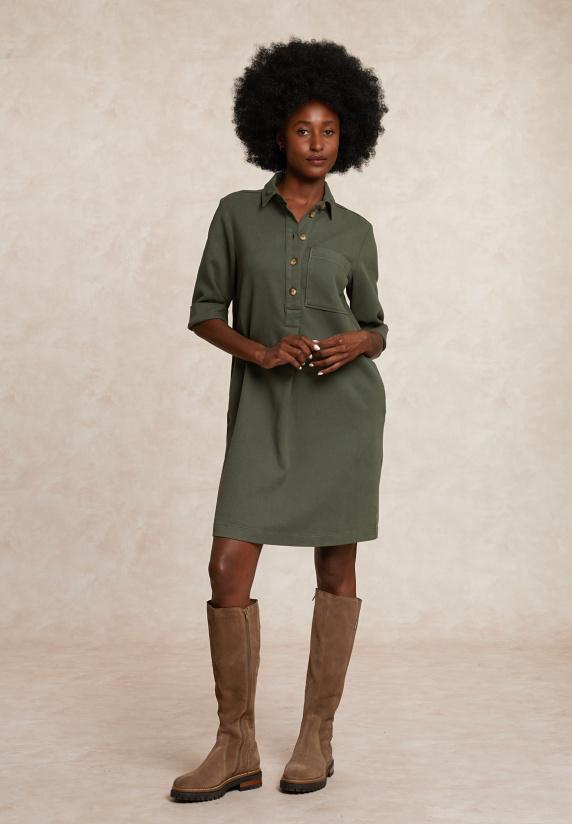 river woods Katoenen jurk 3/4 mouwen opgestikte zak kaki