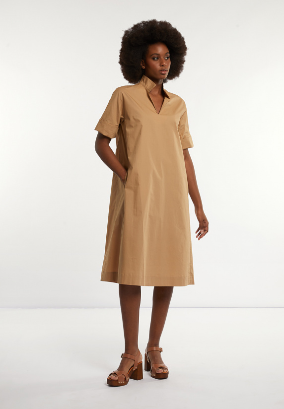 river woods Katoenen jurk met riem elleboogmouwen camel