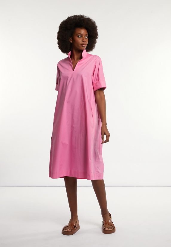 river woods Katoenen jurk met riem elleboogmouwen roze