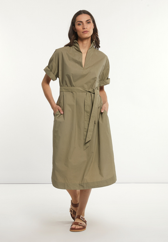 river woods Katoenen lange jurk 3/4 mouwen met riem groen