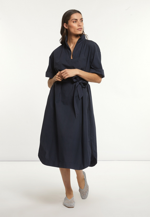 river woods Katoenen lange jurk 3/4 mouwen met riem navy
