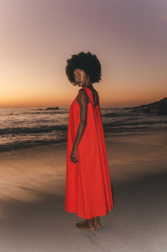 River Woods Katoenen Lange Mouwloze Jurk Open Rug Rood