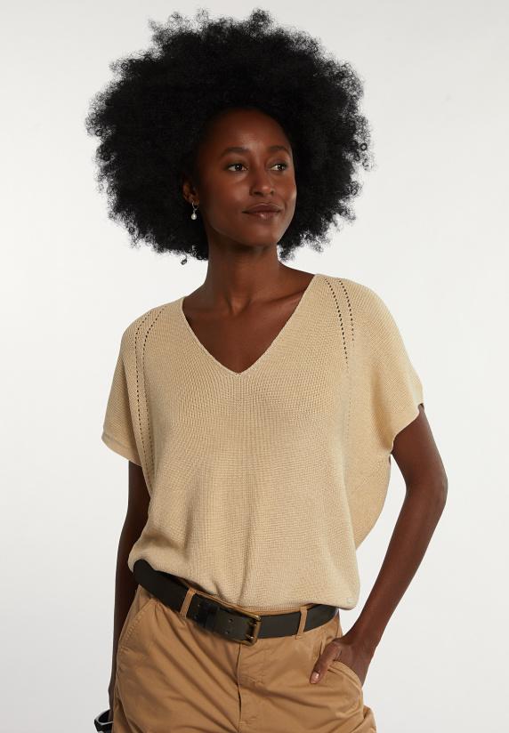 river woods Katoenen mouwloze V-hals glittertrui beige