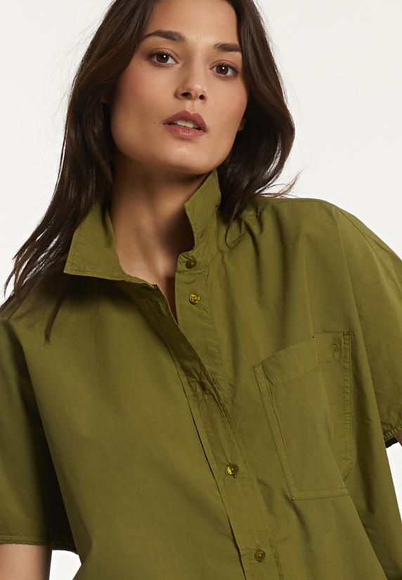 River Woods Katoenen Oversized Blouse Korte Mouwen Borstzak Olijfgroen