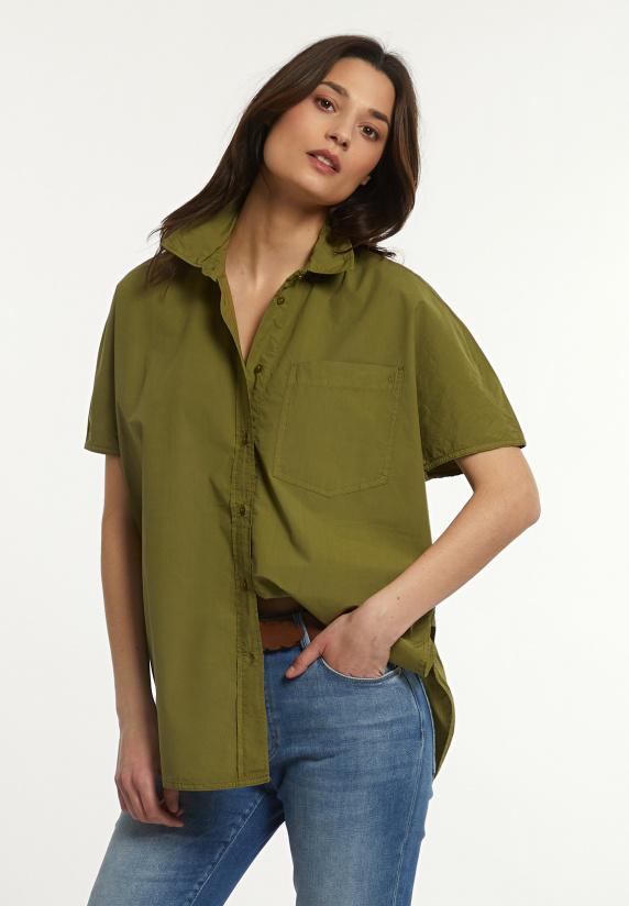river woods Katoenen oversized blouse korte mouwen borstzak olijfgroen