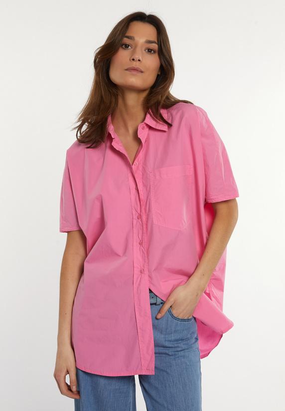 river woods Katoenen oversized blouse korte mouwen borstzak roze
