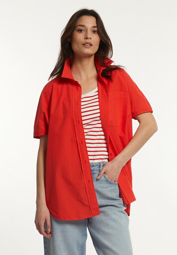 river woods Katoenen oversized blouse korte mouwen borstzak rood