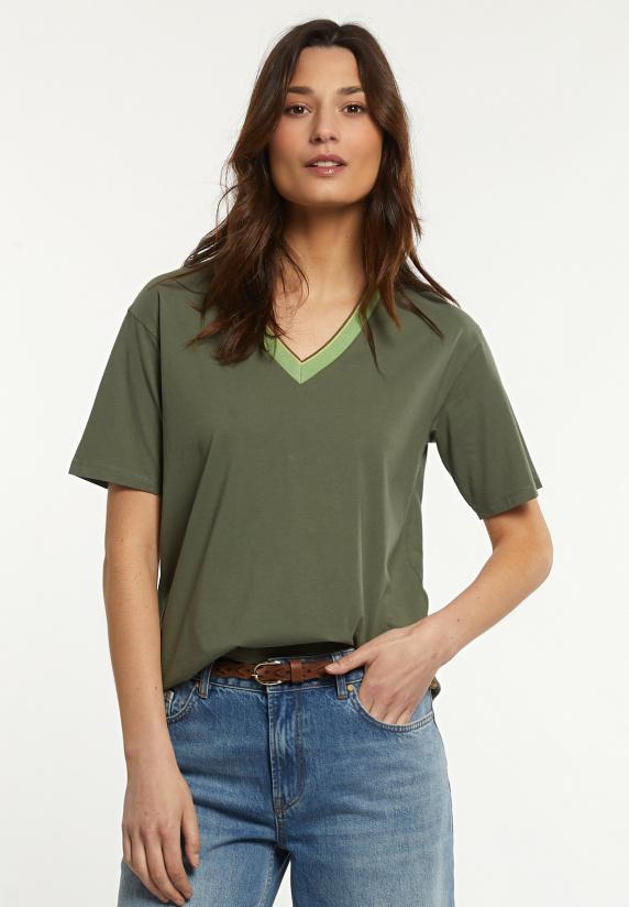 river woods Katoenen T-shirt gestreepte V-hals kaki