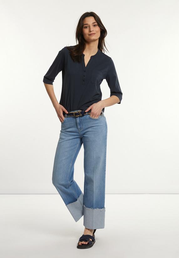 River Woods Katoenen T-shirt Ronde Hals 3/4 Mouwen Borstzak Navy