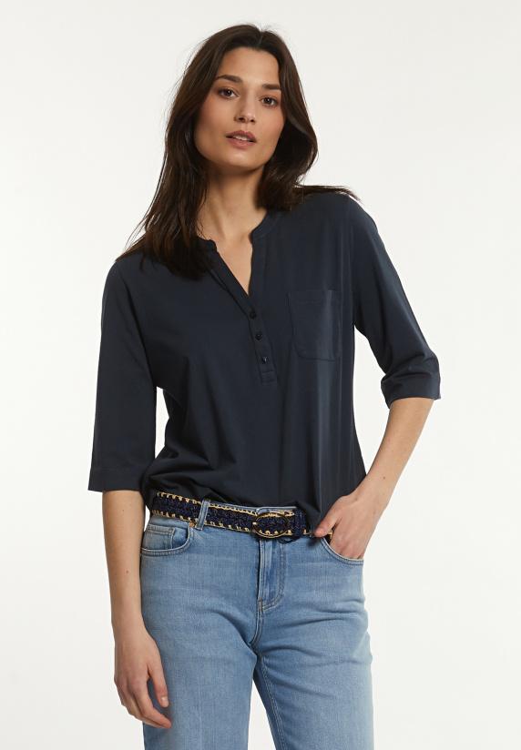 river woods Katoenen T-shirt ronde hals 3/4 mouwen borstzak navy