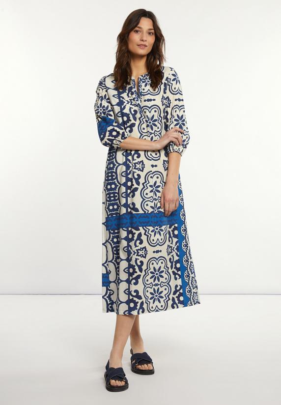 river woods Katoenen V-hals fantasiejurk 3/4 mouwen blauw/wit