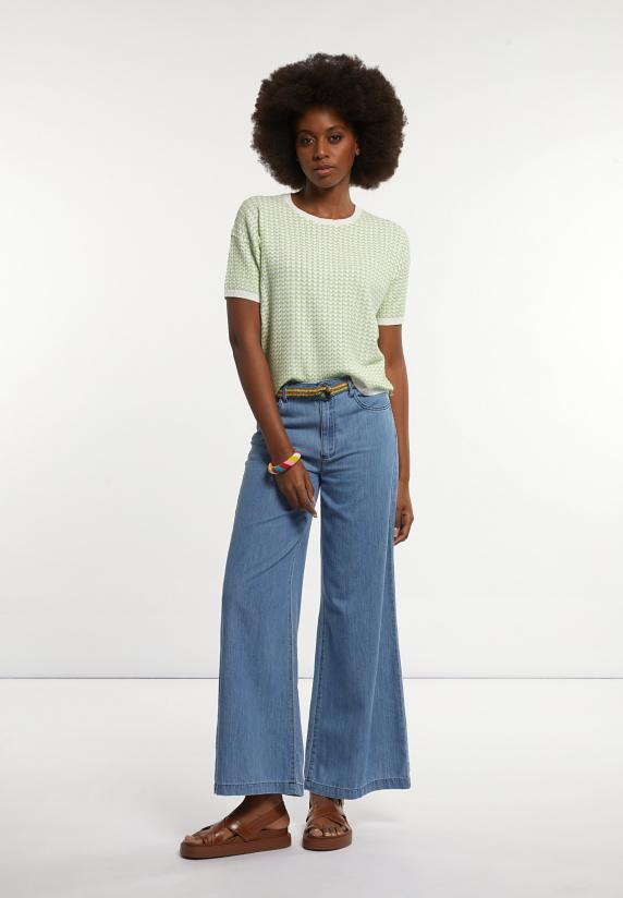 River Woods Katoenen Wijde Trui Ronde Hals Korte Mouwen Groen/écru