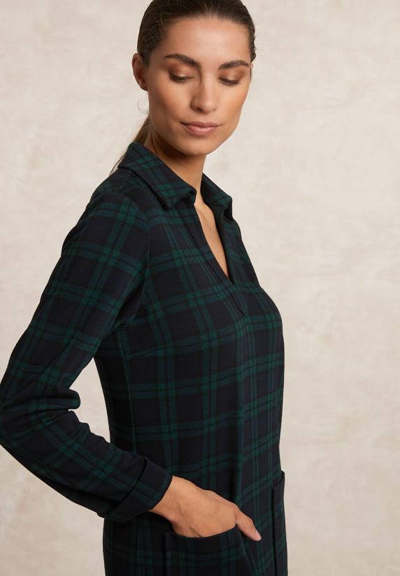 River Woods Korte Geruite V-hals Jurk Lange Mouwen Kaki